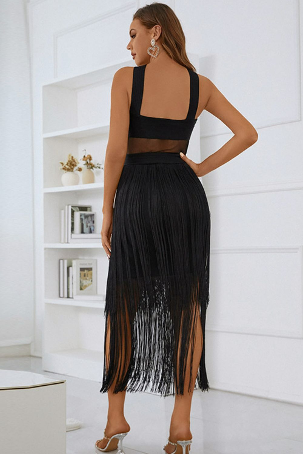 Spliced Mesh Fringe Hem Sleeveless Dress