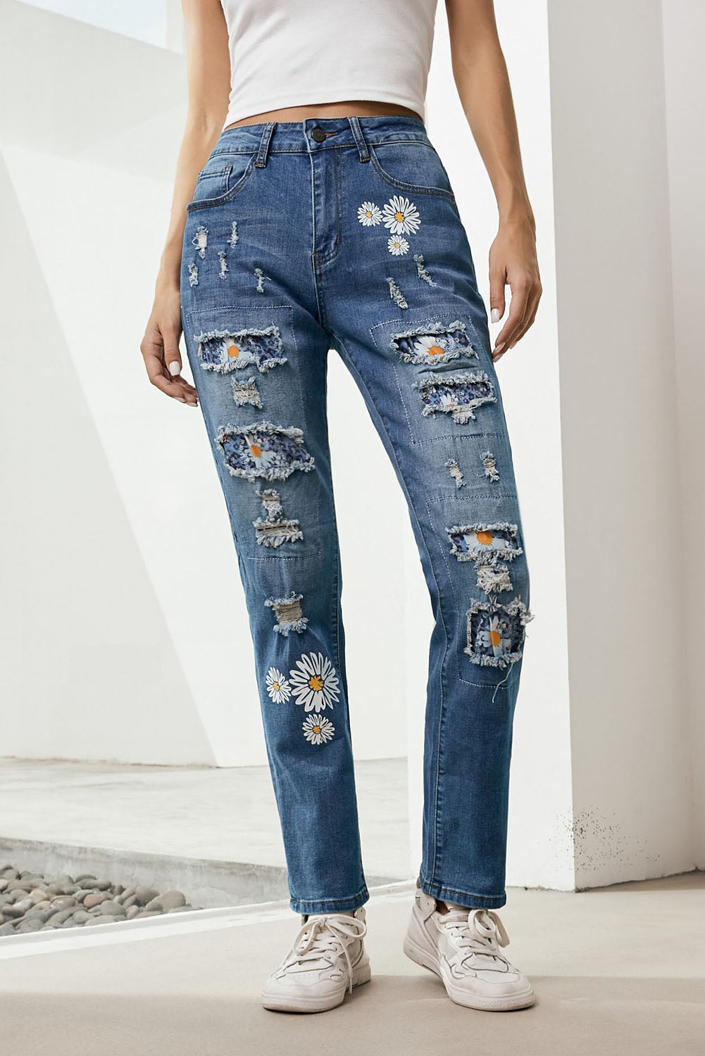 Printed Patch Distressed Boyfriend Jeans